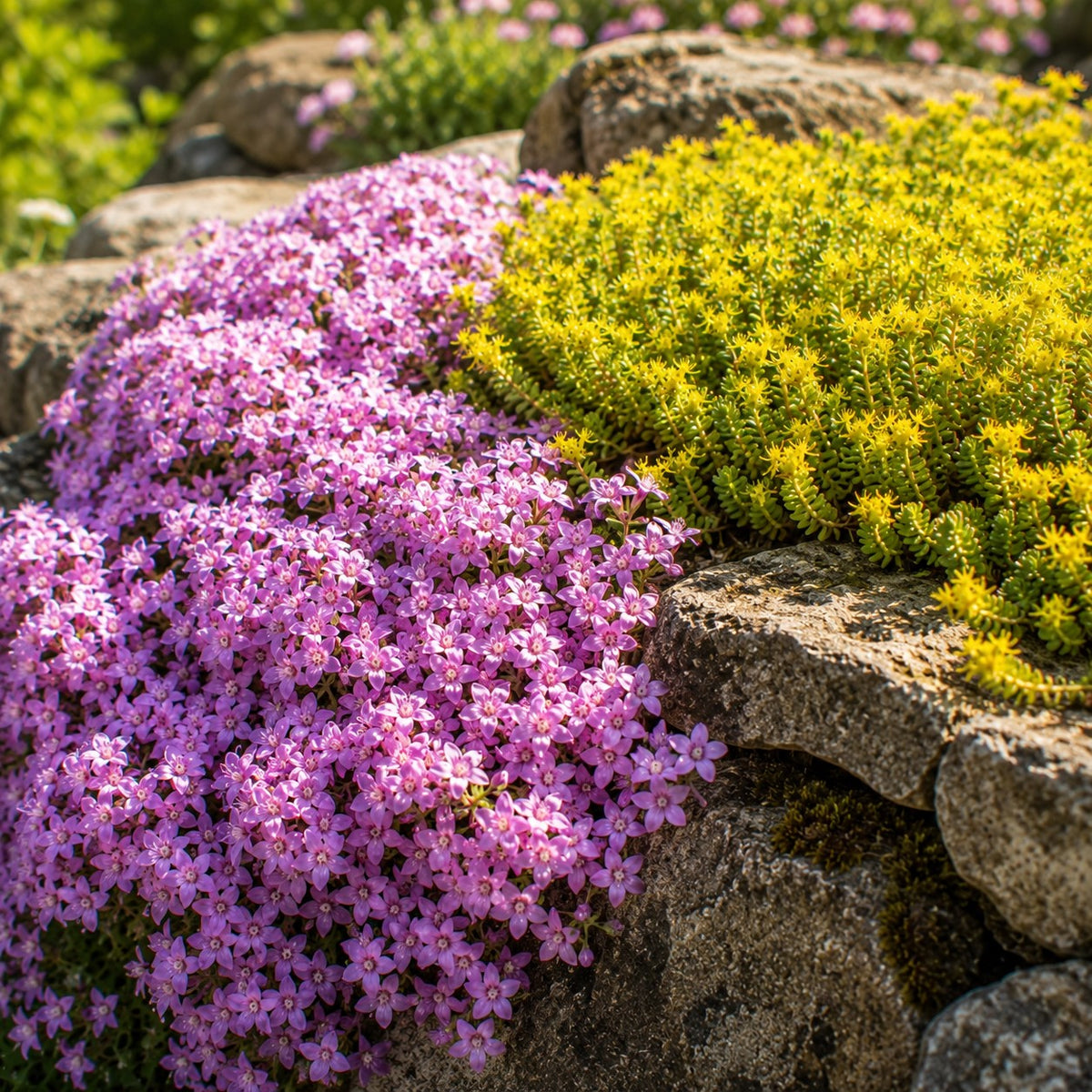 4 bodendeckende Stauden für den Steingarten - Sedum acre, Phlox subulata McDaniel's Cushion - Willemse